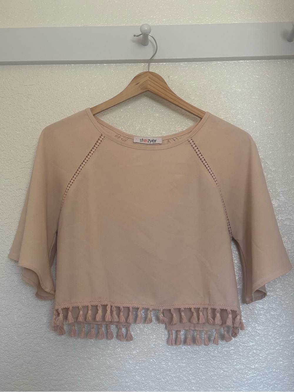 Pale Pink Tassel Hem Cropped Top Open Back